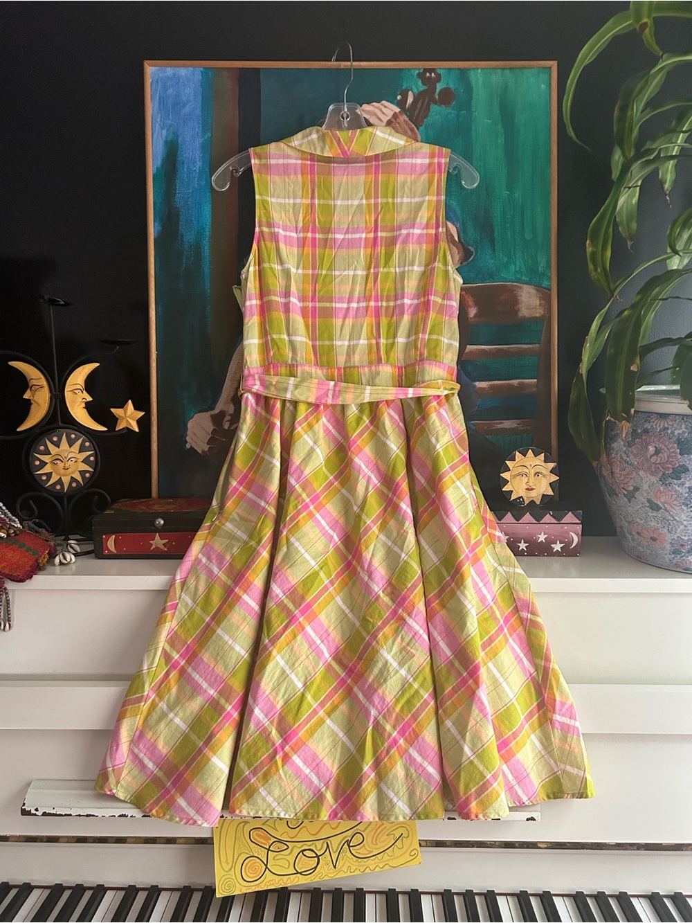 Pure Alfred Sung Plaid Wrap Midi Dress Belted Pink Green Sleeveless Women M - Picture 9 of 16
